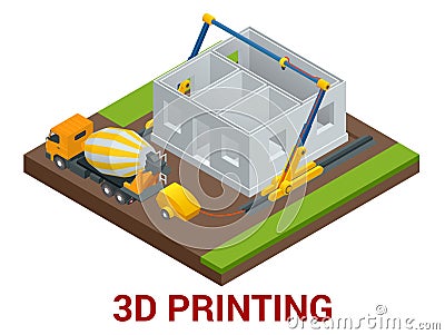 Vector isometric 3d printing house concept. Concrete mixer truck in the side of industrial 3D printer which printing Vector Illustration