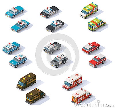 Vector isometric emergency services cars set Vector Illustration