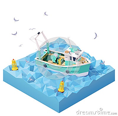 Vector isometric fishing boat in the sea Vector Illustration