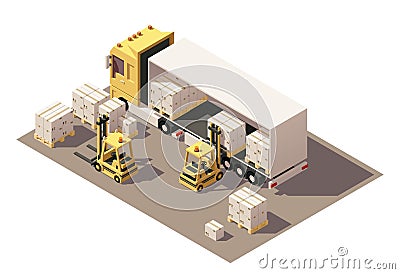 Vector isometric forklift loading box semi-trailer truck with crates on pallets icon Vector Illustration