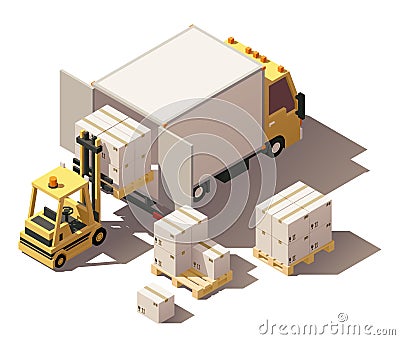 Vector isometric forklift loading box truck with crates on pallets icon Vector Illustration