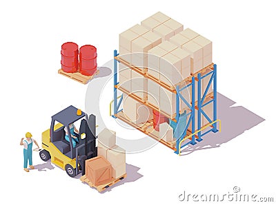 Vector isometric forklift and warehouse workers Vector Illustration