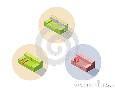 Vector isometric green and pink sofa seat couch, 3d flat interior design element Vector Illustration