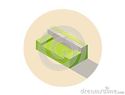 Vector isometric green sofa seat couch, 3d flat interior design element. Vector Illustration