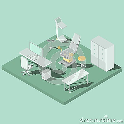 Vector isometric gynecology room with gynecological chair, medical equipment Vector Illustration