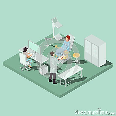 Vector isometric gynecology room with gynecological chair, medical personnel and patient Vector Illustration