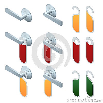 Vector isometric hotel handles with hanging signs. Set of Blank Paper Plastic Door Handle Lock Hangers on Vector Illustration