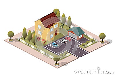 Vector Isometric House & Garage Vector Illustration