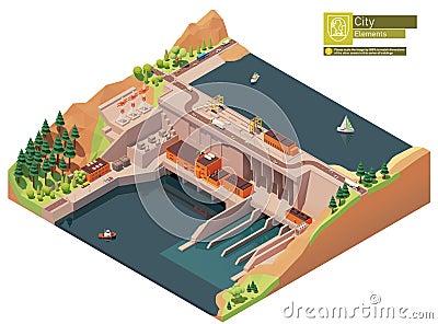 Vector isometric hydroelectric power station Vector Illustration