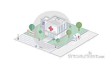Vector isometric icon representing hospital building with ambulance van Editorial Stock Photo