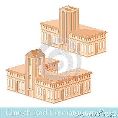 Vector isometric icon set or infographic elements representing buildings of crematorium and church in brown Vector Illustration