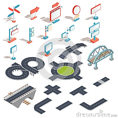 Vector isometric icons of billboards, advertising banners, road signs, direction signs, road sections Vector Illustration