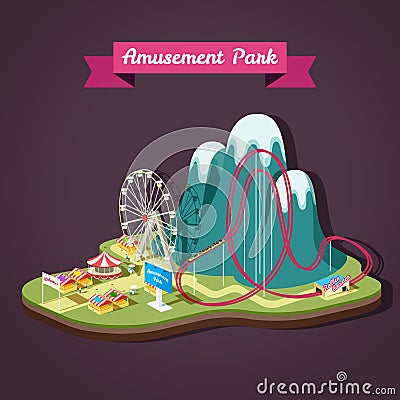 Vector isometric illustration of Amusement Park with different a Vector Illustration