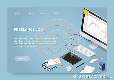 Isometric Freelancer Job Landing Page Vector Illustration