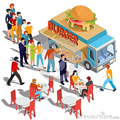 Vector isometric illustration people order and buy food and drink in a hamburger food truck Vector Illustration