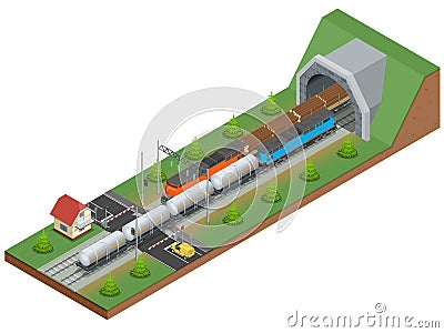 Vector isometric illustration of a railway junction. Railway junction consist of Rail covered wagon, Diesel Locomotive Vector Illustration