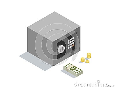 Vector isometric illustration of small money safe with coins end banknotes Vector Illustration