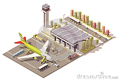 Vector isometric low poly airport terminal building with airplane and Ground Support Equipment Vector Illustration