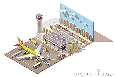 Vector isometric low poly airport terminal building with airplane and Ground Support Equipment Vector Illustration