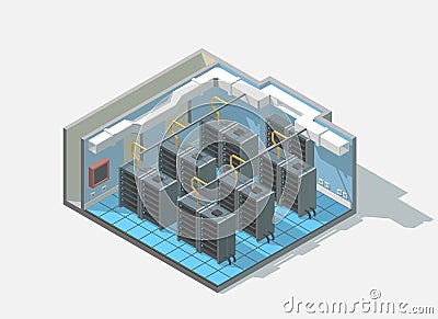 Vector isometric low poly bit coin cryptocurrency mining block chain data center cutaway icon. Stock Photo