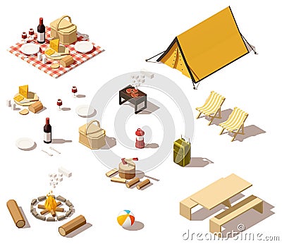 Vector isometric low poly camping equipment Vector Illustration