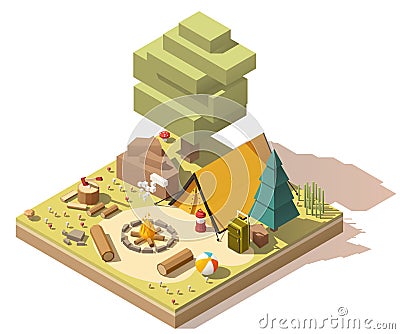 Vector isometric low poly campsite Vector Illustration