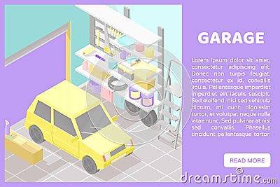 Vector isometric low poly cutaway interior illustartion. Garage Vector Illustration