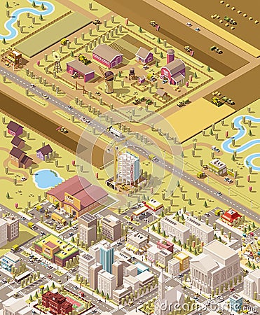 Vector isometric low poly farm and city Vector Illustration
