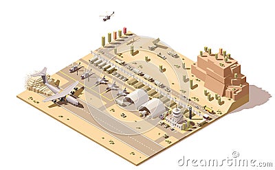 Vector isometric low poly infographic element representing map of military airport or airbase with jet fighters Vector Illustration