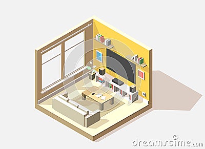 Vector isometric low poly living room cutaway icon Vector Illustration