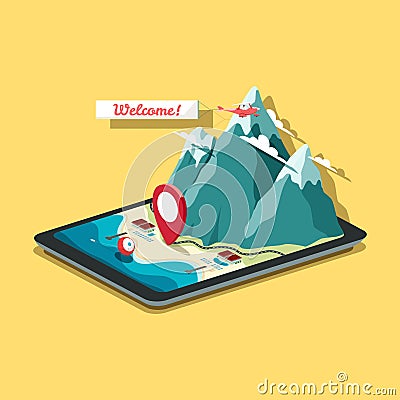 Vector isometric map in flat design style. Tablet PC with mobile Vector Illustration