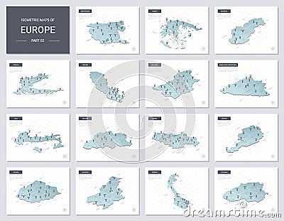 Vector isometric maps set - Europe continent. Vector Illustration