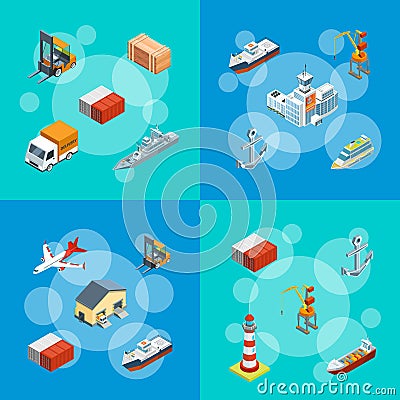 Vector isometric marine logistics and seaport set illustration Vector Illustration