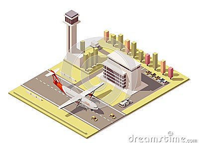 Vector isometric minimalistic low poly airport terminal building with control tower Vector Illustration