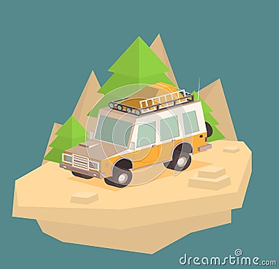 Vector isometric off-road SUV car with roof rack and offroading equipment Vector Illustration