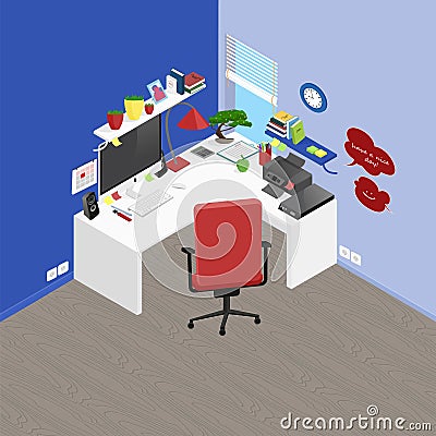 Vector isometric office workplace with objects and furniture. De Vector Illustration