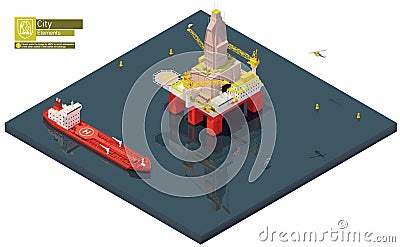 Vector isometric offshore drilling rig and tanker ship Vector Illustration