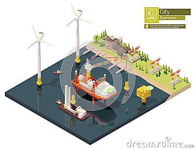 Vector isometric offshore wind farm construction Vector Illustration