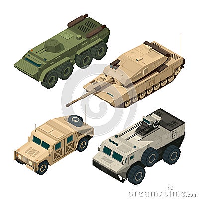 Vector isometric pictures set of different military vehicles isolate on white Vector Illustration