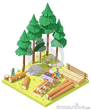 Vector isometric portable sawmill in forest Vector Illustration