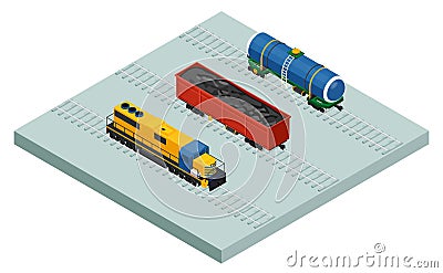 Vector isometric railroad cargo trains and cars Vector Illustration