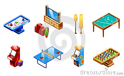 Vector isometric recreation entertainment room set Vector Illustration