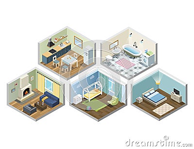 Vector isometric sat of home or flat furniture, Different kind of rooms Vector Illustration