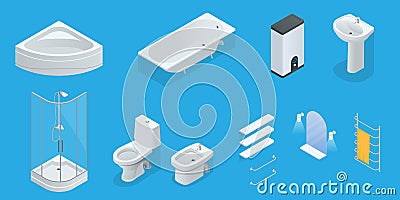 Vector isometric set of bathroom furniture. Jacuzzi, bath, boiler, washbasin, shower, shower, toilet, bidet, dryer Vector Illustration