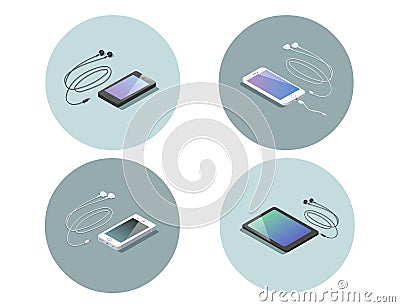 Vector isometric set of electronic devices, smartphone with headphones. Vector Illustration