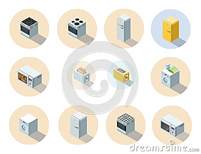 Vector isometric set of household appliances icon, 3d flat interior design. Vector Illustration