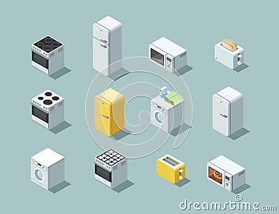 Vector isometric set of household appliances icon, 3d flat interior design. Vector Illustration
