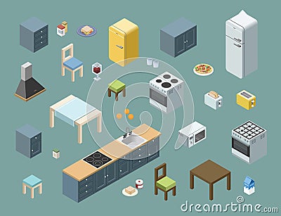 Vector isometric set of kitchen furniture, 3d flat interior design icons. Vector Illustration