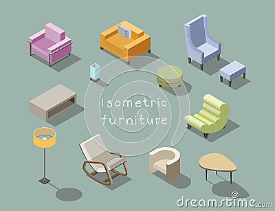Vector isometric set of modern living room furniture, home constructor. Vector Illustration