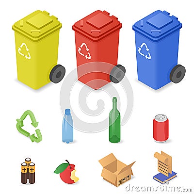 Vector isometric set of waste sorting cans. Vector Illustration